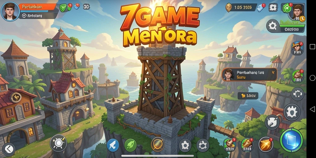 Tangkapan layar gameplay Tower Defense 7GAME dengan menara yang strategis.