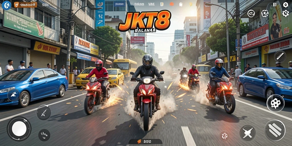 Tangkapan layar JKT8 menampilkan balapan motor yang mendebarkan di jalanan Jakarta.