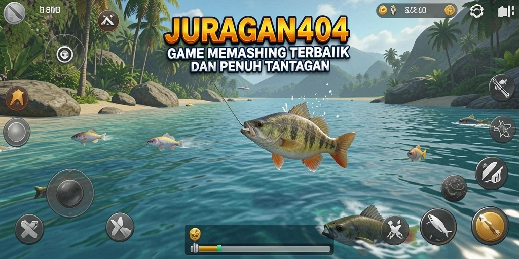 Tampilan gameplay <strong>JURAGAN404</strong> saat memancing di laut yang tenang.