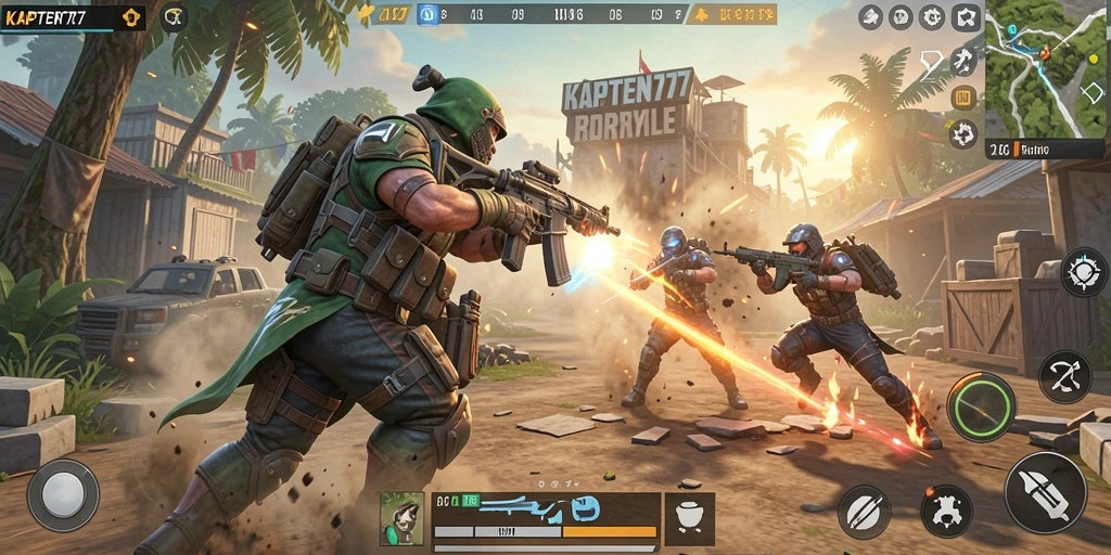Screenshot gameplay KAPTEN77 menunjukkan pertarungan sengit di arena Battle Royale.