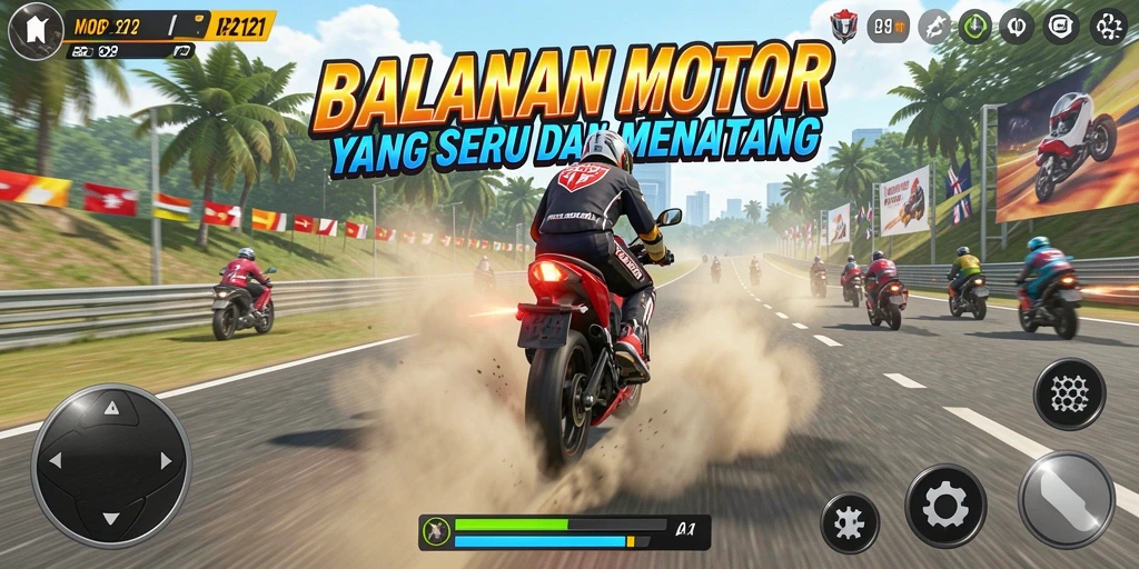 Tangkapan layar utama MPO2121 menampilkan aksi balapan motor yang mendebarkan.
