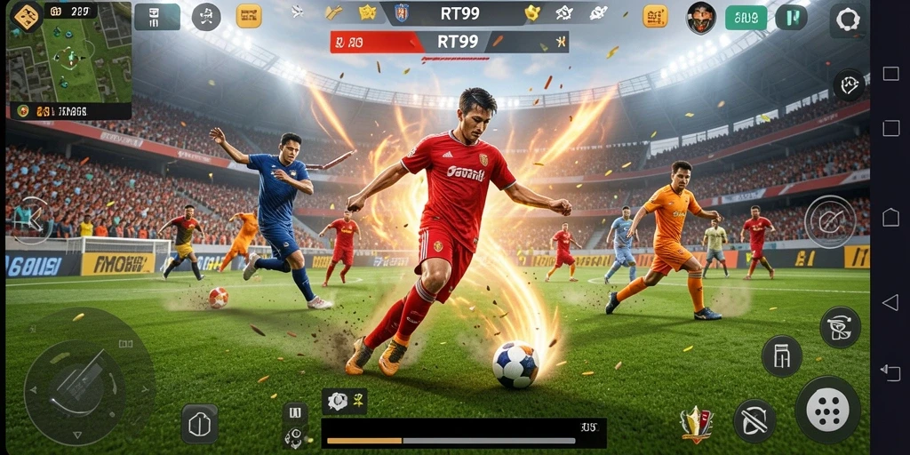 Tampilan gameplay menegangkan dalam RT99 dengan aksi sepak bola yang seru.