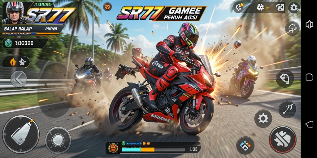 Screenshot SR777 menampilkan aksi balapan motor yang mendebarkan dan penuh kecepatan.