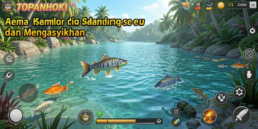 Screenshot gameplay TOPANHOKI menampilkan momen memancing yang mendebarkan.